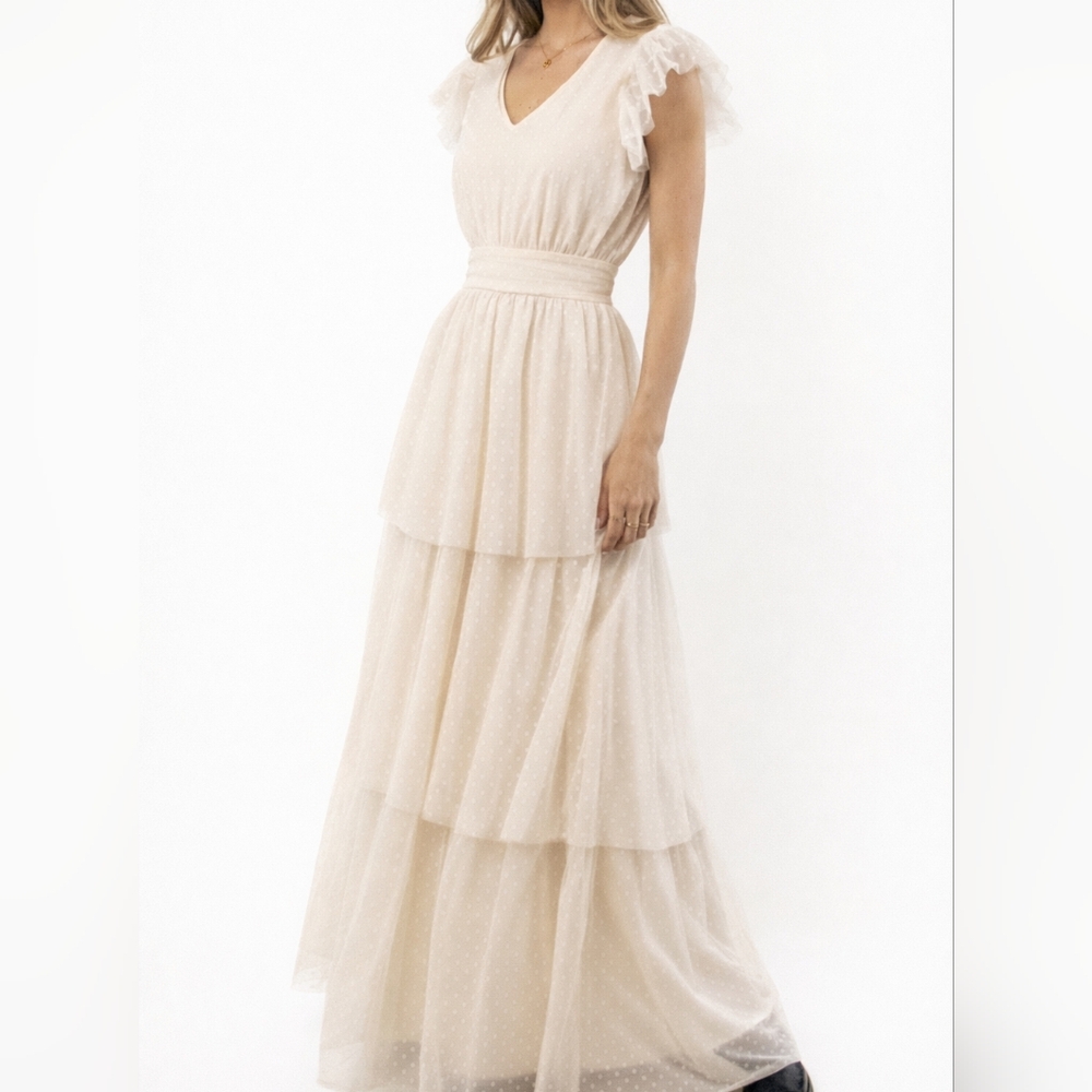RARE Bohme Elegant Cream Layered Ruffle Dotted Swiss Tulle Dress